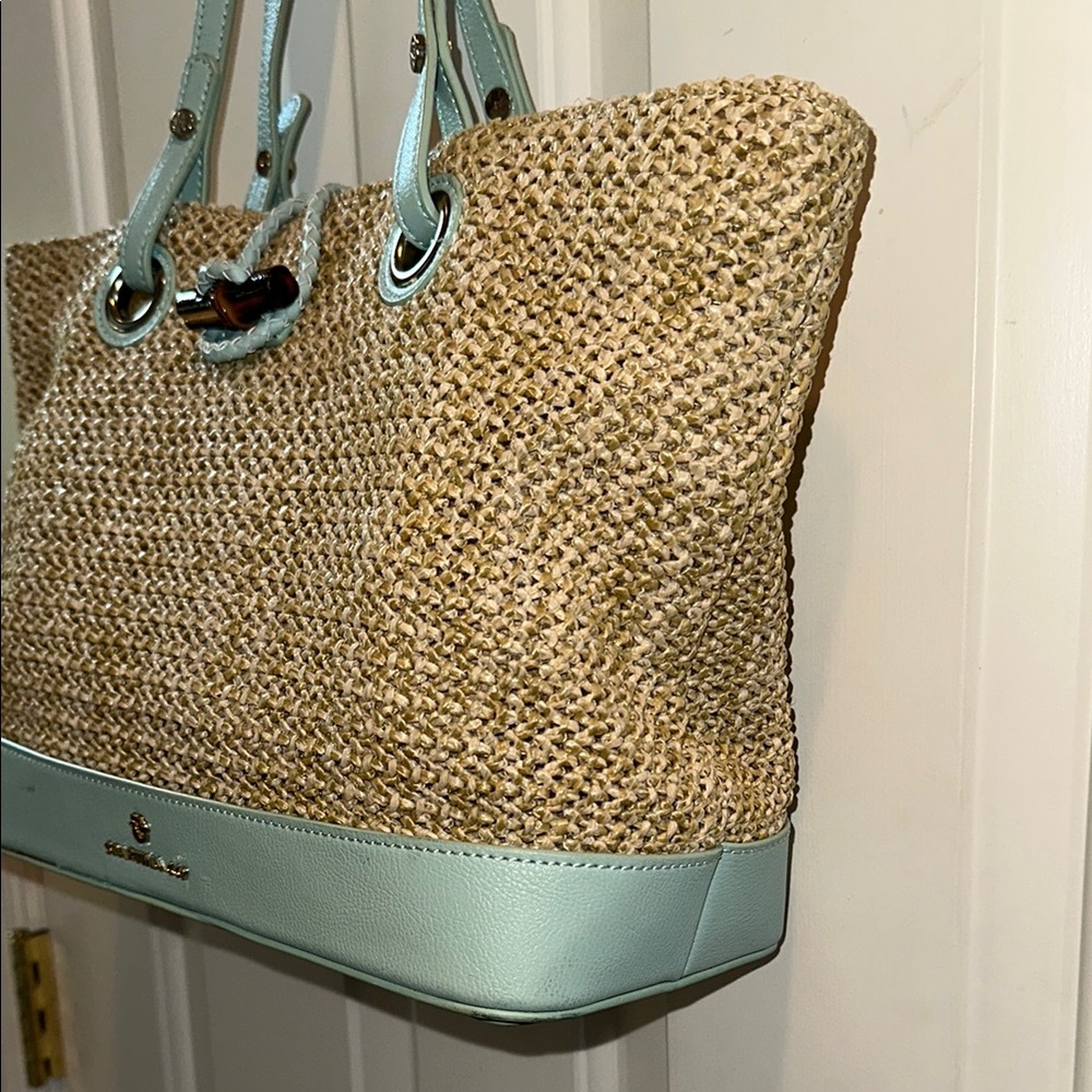 Spartina 449 Bamboo Chic Green and Tan Tote Bag with Woven Design - Picture 3 of 15